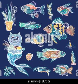 Contour style croquis poissons d'aquarium, plantes et mermaid illustrations avec effet lumineux Illustration de Vecteur