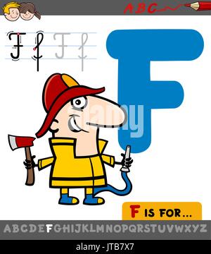 Caricature d'illustration de la lettre F de l'Alphabet avec caractère pompier pour les enfants Illustration de Vecteur