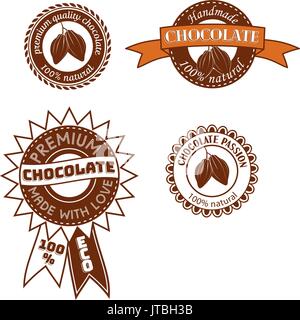 Ensemble de vintage vector badge, étiquette, logo template designs avec les fèves de cacao pour chocolat artisanal shop. Illustration de Vecteur