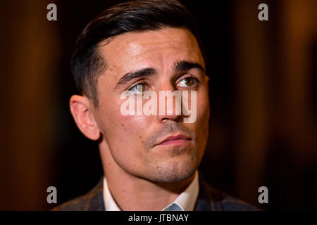 Anthony Crolla parle lors d'une conférence de presse à l'hôtel Radisson Edwardian Hotel Manchester. Banque D'Images