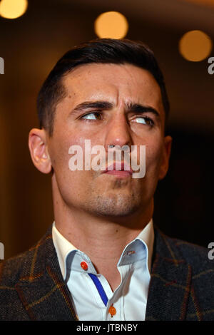 Anthony Crolla parle lors d'une conférence de presse à l'hôtel Radisson Edwardian Hotel Manchester. Banque D'Images