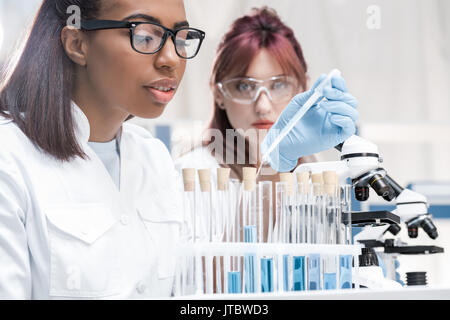 Les jeunes scientifiques professionnels travaillant avec microscope et tubes à essai en laboratoire chimique Banque D'Images