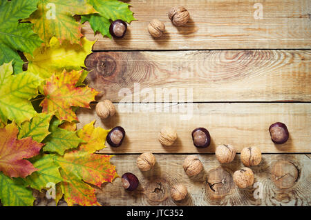 Les feuilles d'automne les noix et les châtaignes sur vieux fond rustique en bois Banque D'Images