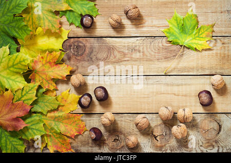 Les feuilles d'automne les noix et les châtaignes sur vieux fond rustique en bois Banque D'Images