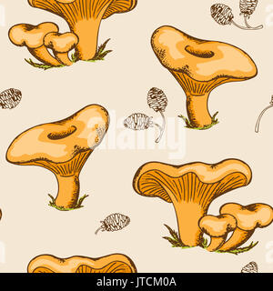 Vintage hand drawn seamless pattern avec champignons des bois Banque D'Images