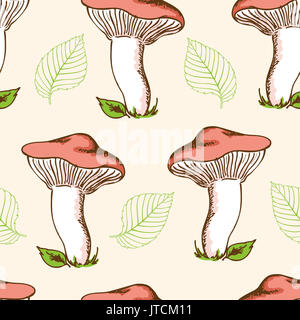 Vintage hand drawn seamless pattern avec champignons des bois et les feuilles qui tombent Banque D'Images