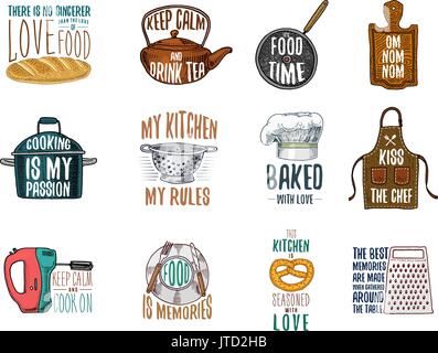 Tablier et casserole, bagel et planche en bois avec capot. La cuisson ou la cuisson, ustensiles de cuisine sale affaire. logo emblème ou l'étiquette, gravé à la main dans de vieux croquis et de l'esprit vintage. Illustration de Vecteur