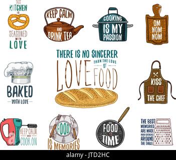 Tablier et casserole, bagel et planche en bois avec capot. La cuisson ou la cuisson, ustensiles de cuisine sale affaire. logo emblème ou l'étiquette, gravé à la main dans de vieux croquis et de l'esprit vintage. Illustration de Vecteur