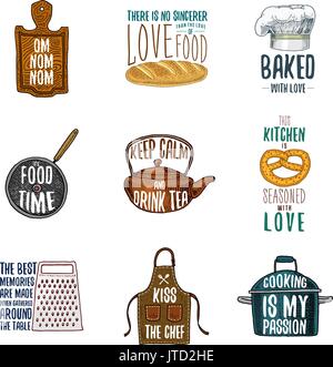 Tablier et casserole, bagel et planche en bois avec capot, poêle et électrique. La cuisson ou la cuisson, ustensiles de cuisine sale affaire. logo emblème ou l'étiquette, gravé à la main dans de vieux croquis et de l'esprit vintage. Illustration de Vecteur
