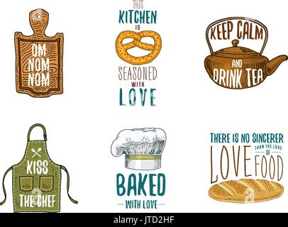 Tablier et casserole, bagel et planche en bois avec capot, poêle et électrique. La cuisson ou la cuisson, ustensiles de cuisine sale affaire. logo emblème ou l'étiquette, gravé à la main dans de vieux croquis et de l'esprit vintage. Illustration de Vecteur