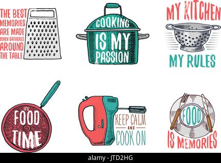 Casserole et supérieure, passoire et poêle, mixer et la plaque. La cuisson ou la cuisson, ustensiles de cuisine sale affaire. logo emblème ou l'étiquette, gravé à la main dans de vieux croquis et de l'esprit vintage. Illustration de Vecteur