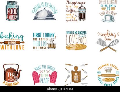 Une cafetière ou une bouilloire, presse française, rouleau à pâtisserie, planche de bois. Boulangerie et pâtisseries, cuisine, ustensiles de cuisine sales trucs. logo emblème ou l'étiquette, gravé à la main dans de vieux croquis et de l'esprit vintage. Illustration de Vecteur