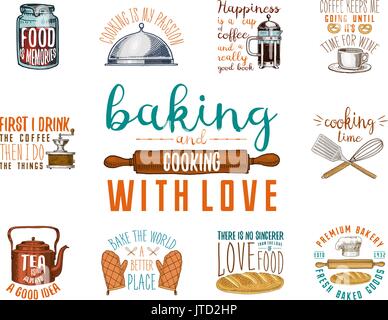 Une cafetière ou une bouilloire, presse française, rouleau à pâtisserie. Boulangerie et pâtisseries, cuisine, ustensiles de cuisine sales trucs. logo emblème ou l'étiquette, gravé à la main dans de vieux croquis et de l'esprit vintage. Illustration de Vecteur