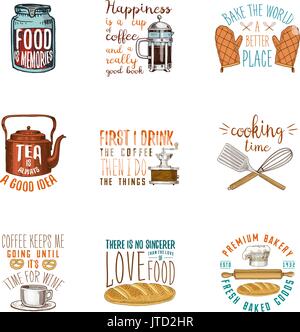 Une cafetière ou une bouilloire, presse française, rouleau à pâtisserie. Boulangerie et pâtisseries, cuisine, ustensiles de cuisine sales trucs. logo emblème ou l'étiquette, gravé à la main dans de vieux croquis et de l'esprit vintage. Illustration de Vecteur