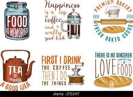 Une cafetière ou une bouilloire, presse française, rouleau à pâtisserie et du pain. Boulangerie et pâtisseries, cuisine, ustensiles de cuisine sales trucs. logo emblème ou l'étiquette, gravé à la main dans de vieux croquis et de l'esprit vintage. Illustration de Vecteur