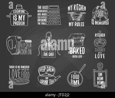 Tablier et casserole, bagel et planche en bois avec capot. La cuisson ou la cuisson, ustensiles de cuisine sale affaire. logo emblème ou l'étiquette, gravé à la main dans de vieux croquis et de l'esprit vintage. Illustration de Vecteur