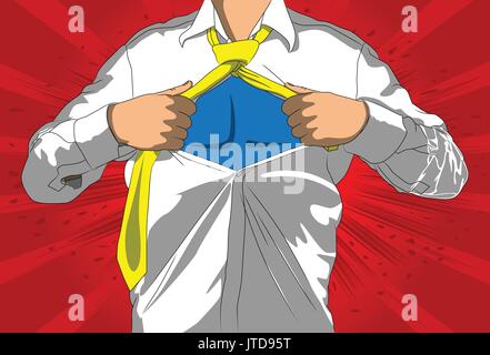 Pop art businessman agissant comme un super héros. Déchirer sa chemise au loin avec de l'espace sur sa poitrine. Vector illustration style bande dessinée, caricature l'homme. Illustration de Vecteur