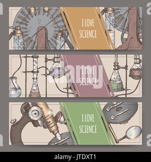 Couleur trois bannières paysage dessiné à la main avec de l'équipement scientifique croquis. Illustration de Vecteur