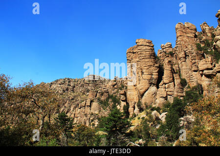 Près de tuyau d'orgue rock formation in hoodoos Bonita Canyon, Monument National Chiricahua près de Wilcox, dans le sud de l'Arizona, USA. Banque D'Images