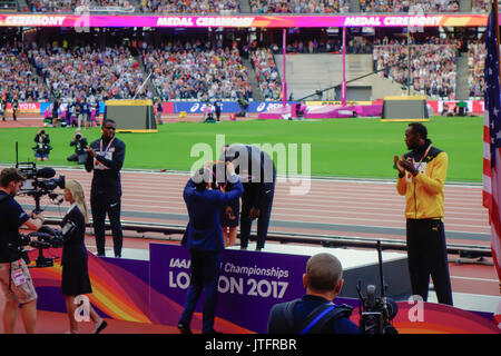 Le 100 m cérémonie de remise des prix au London 2017 es Championnats du monde à Londres, Royaume-Uni, 06 août 2017. Justin Gatlin des USA a remporté la médaille d'or. Banque D'Images