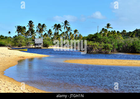 Petite cabane en bois sur une plage de la côte brésilienne entouré par la petite rivière à Trancoso dans la ville de Porto Seguro, Bahia, Brésil. Banque D'Images