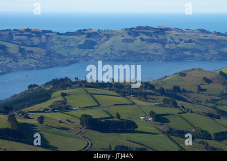 Terres agricoles à la jonction, et d'Otago Harbour et péninsule d'Otago, Dunedin, Nouvelle-Zélande, île du Sud Banque D'Images