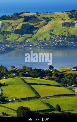 Terres agricoles à la jonction, et d'Otago Harbour et péninsule d'Otago, Dunedin, Nouvelle-Zélande, île du Sud Banque D'Images