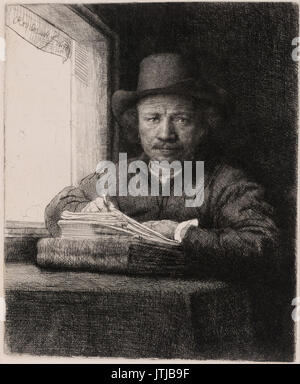 Rembrandt Harmenszoon van Rijn Self Portrait dessin à une fenêtre Banque D'Images