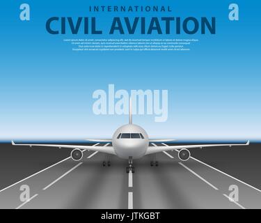 Jet avion de passagers civils sur la piste. Concept commercial avion réaliste vue avant. Avion dans le ciel bleu, la conception de l'affiche publicitaire de l'agence de voyage Illustration de Vecteur