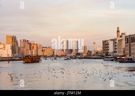 Vue sur Dubaï Creek avec plein de mouettes et bateaux abra au coucher du soleil, aux Émirats arabes unis, ÉMIRATS ARABES UNIS Banque D'Images