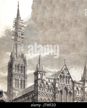 Steeplejacks travaillant sur la tour de la cathédrale de Salisbury vers 1910. Banque D'Images