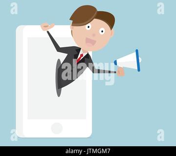 Publicité en ligne avec businessman pointing de mobile smartphone, concept d'affaires en ligne cartoon vector illustration Illustration de Vecteur