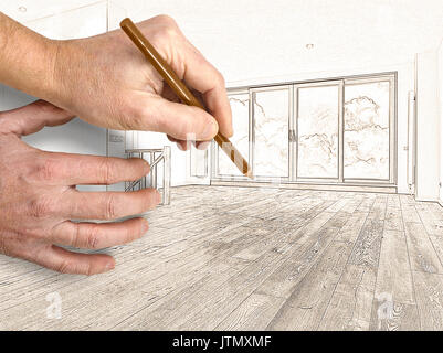 Dimensions et planifié la rénovation d'un intérieur moderne avec plancher en bois, il y a un chemin pour Windows Banque D'Images