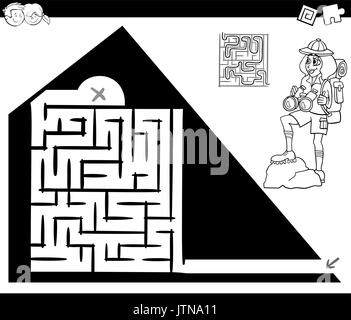 Illustration Cartoon noir et blanc de l'éducation ou de Labyrinthe Labyrinthe jeu pour les enfants avec Traveler et pyramide Coloriage Illustration de Vecteur