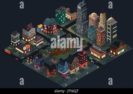 Un vecteur illustration de la tension isométrique Conception de rues et bâtiments de la ville la nuit Illustration de Vecteur