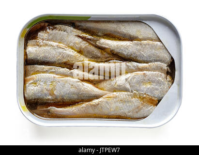Ouvert peut d'anchois dans l'huile isolé sur fond blanc, vue du dessus Banque D'Images