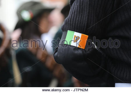 Le tricolore irlandais avec une harpe au milieu sur le manchon d'un participant à une manifestation politique à O'Connell Street, Dublin. Banque D'Images