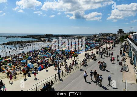 Lyme Regis, dans le Dorset, UK. 10 août 2017. Météo britannique. Vacanciers et baigneurs pack la plage à la station balnéaire de Lyme Regis dans le Dorset sur une chaude journée ensoleillée. Crédit photo : Graham Hunt/Alamy Live News Banque D'Images