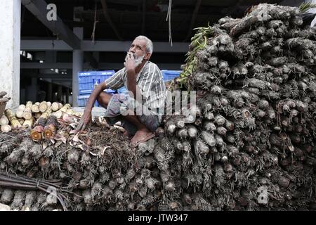 Dhaka, Bangladesh. 10 août, 2017. Un vieil homme pose pour une photo quand il prend un reste de légumes dans un marché de gros. Credit : Md. Mehedi Hasan/ZUMA/Alamy Fil Live News Banque D'Images