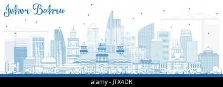 Johor Bahru Malaisie contour bleu horizon avec bâtiments. vector illustration. Les voyages d'affaires et tourisme concept avec l'architecture moderne. Illustration de Vecteur