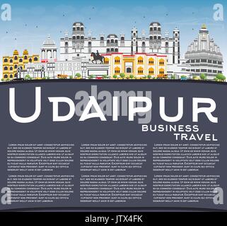 Udaipur avec toits de bâtiments, de couleur bleu ciel et espace copie. vector illustration. Les voyages d'affaires et tourisme concept avec l'architecture historique. Illustration de Vecteur