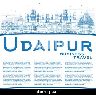 Udaipur contour bleu horizon avec les bâtiments et l'espace de copie. vector illustration. Les voyages d'affaires et tourisme concept avec l'architecture historique. Illustration de Vecteur