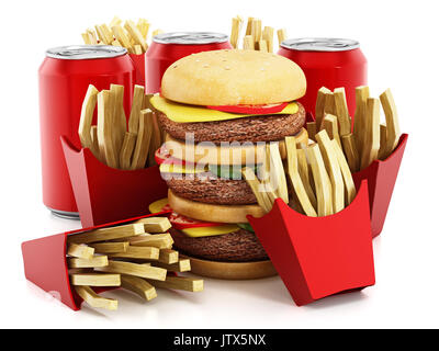 Taille triple hamburger, frites et soda. 3D illustration. Banque D'Images