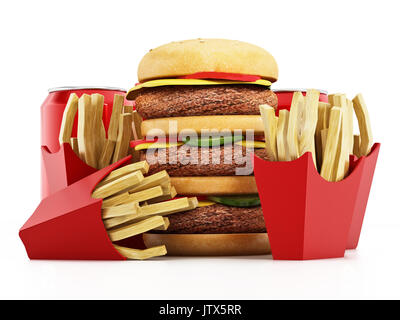 Taille triple hamburger, frites et soda. 3D illustration. Banque D'Images