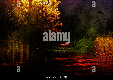 À travers une fenêtre avec gouttes de Misty à colouful feuillage dans un chemin de campagne dans la nuit Banque D'Images