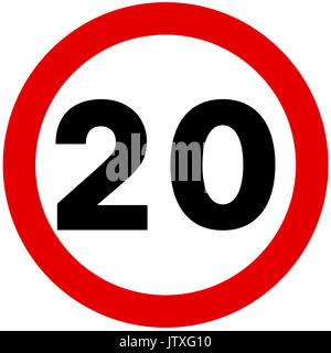 20 mph vitesse maximale road sign on white background Banque D'Images