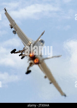 L'extrémité arrière vue portrait d'un F/A18 Super Hornet avec postcombustion plein sur, au décollage. Banque D'Images