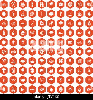 Camping nature 100 et icônes orange hexagonale Illustration de Vecteur