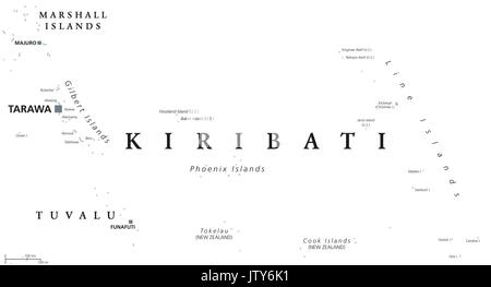 Carte politique Kiribati Tarawa au capital. L'étiquetage en anglais. République et nation insulaire dans l'océan Pacifique. Gris illustration sur fond blanc. Banque D'Images