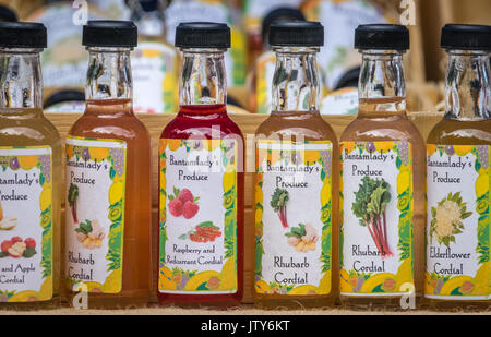 Londres, Angleterre - Juin 2017 : rangée de petites bouteilles contenant cordial biologiques en vente sur le marché médiéval à Streatham Banque D'Images